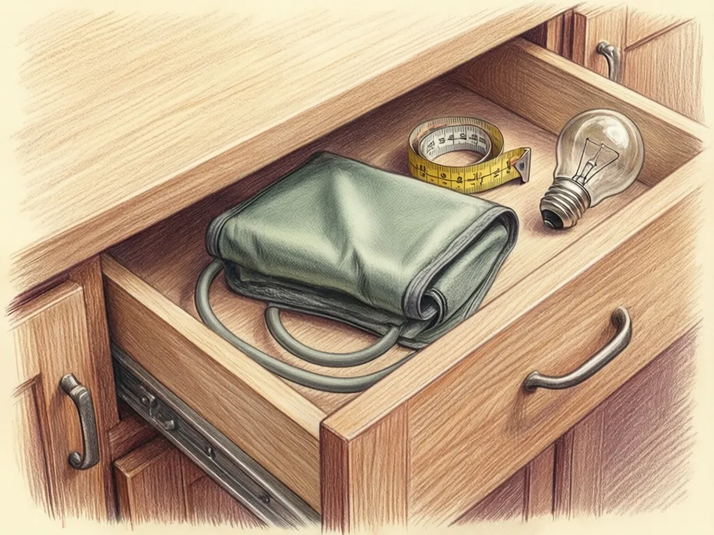 Illustration: A blood-pressure cuff lying in a hall drawer beside a tape measure and spare light bulbs