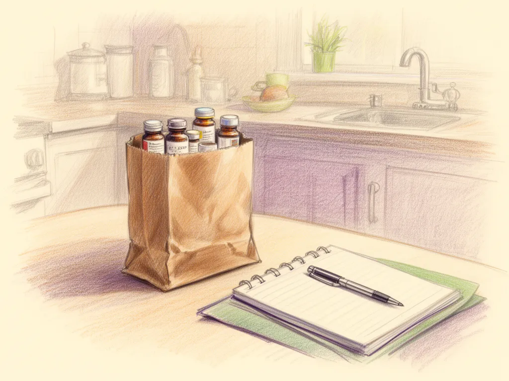 Illustration: A brown paper bag of medicine bottles on a kitchen table beside a notebook and a pen.
