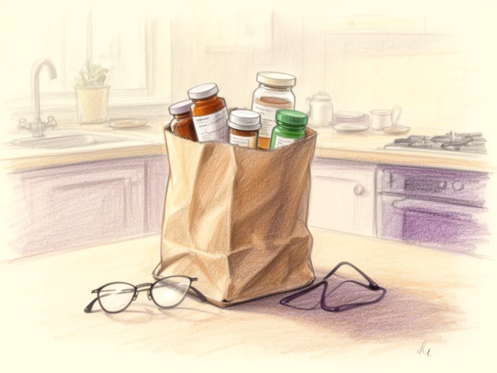 Illustration: Brown paper bag of medicine bottles on a kitchen table beside reading glasses