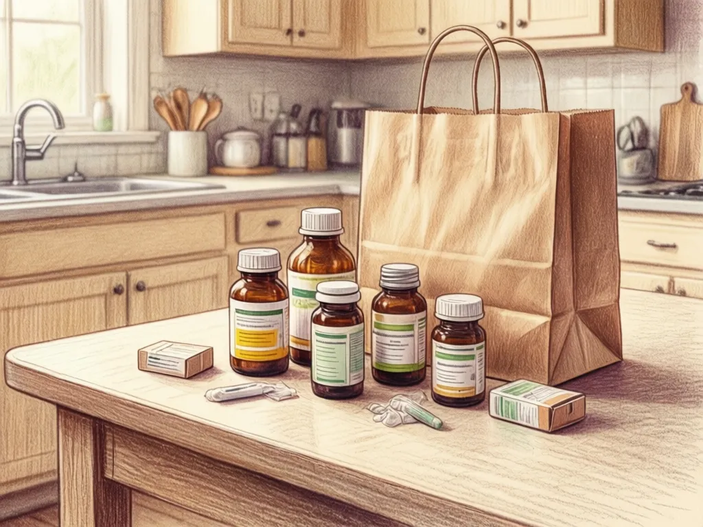 Illustration: Spread of prescription bottles and boxes from a brown paper bag on a kitchen table