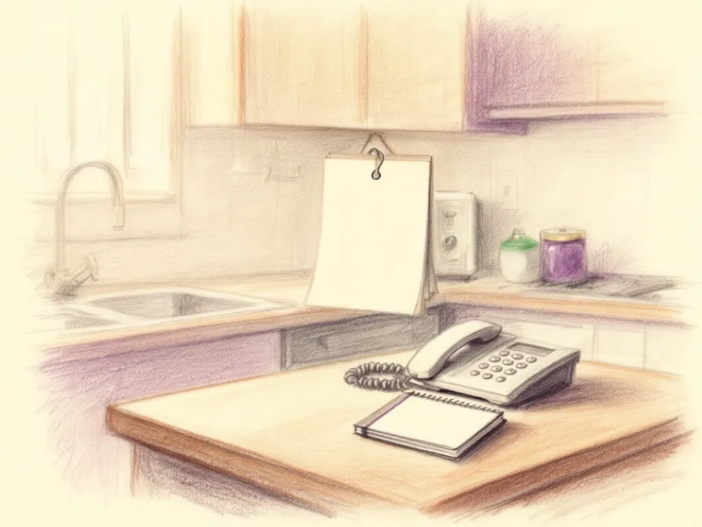 Illustration: A paper calendar hanging by a telephone next to a small names notebook on a kitchen table.