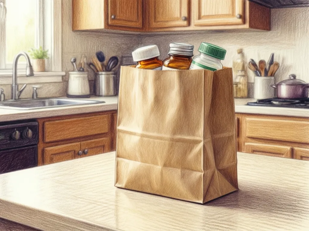 Illustration: A brown paper bag of medication bottles on a kitchen table